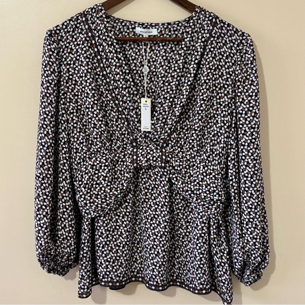 Max Studio| NEW Black/White/Brown Leaves Stylish Long Sleeved Top Blouse Sz L